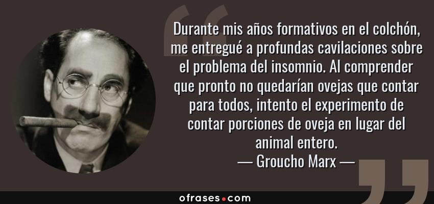 Frases de Groucho Marx - Durante mis años formativos en el colchón, me entregué a profundas cavilaciones sobre el problema del insomnio. Al comprender que pronto no quedarían ovejas que contar para todos, intento el experimento de contar porciones de oveja en lugar del animal entero.