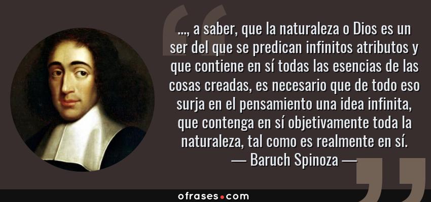 Frases de Baruch Spinoza - ..., a saber, que la naturaleza o Dios es un ser del que se predican infinitos atributos y que contiene en sí todas las esencias de las cosas creadas, es necesario que de todo eso surja en el pensamiento una idea infinita, que contenga en sí objetivamente toda la naturaleza, tal como es realmente en sí.