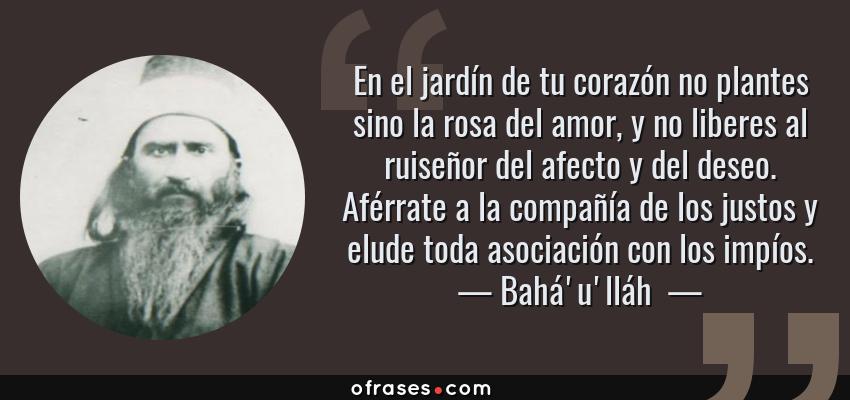 Frases de Bahá'u'lláh  - En el jardín de tu corazón no plantes sino la rosa del amor, y no liberes al ruiseñor del afecto y del deseo. Aférrate a la compañía de los justos y elude toda asociación con los impíos.