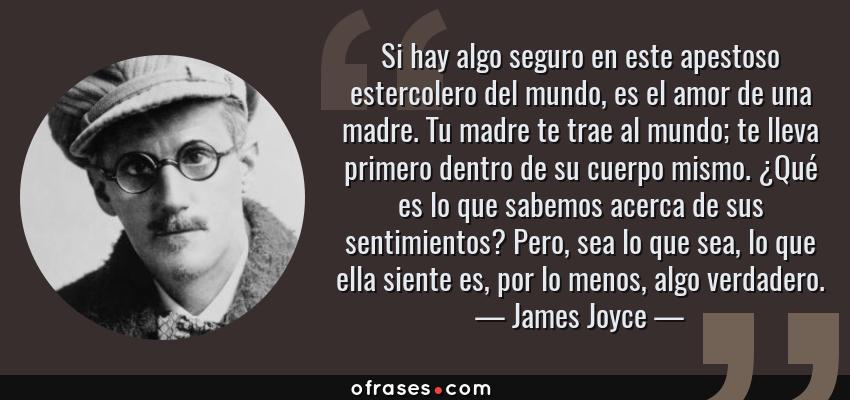 Frases de James Joyce - Si hay algo seguro en este apestoso estercolero del mundo, es el amor de una madre. Tu madre te trae al mundo; te lleva primero dentro de su cuerpo mismo. ¿Qué es lo que sabemos acerca de sus sentimientos? Pero, sea lo que sea, lo que ella siente es, por lo menos, algo verdadero.