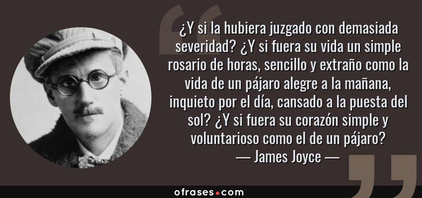 Frases de James Joyce - ¿Y si la hubiera juzgado con demasiada severidad? ¿Y si fuera su vida un simple rosario de horas, sencillo y extraño como la vida de un pájaro alegre a la mañana, inquieto por el día, cansado a la puesta del sol? ¿Y si fuera su corazón simple y voluntarioso como el de un pájaro?