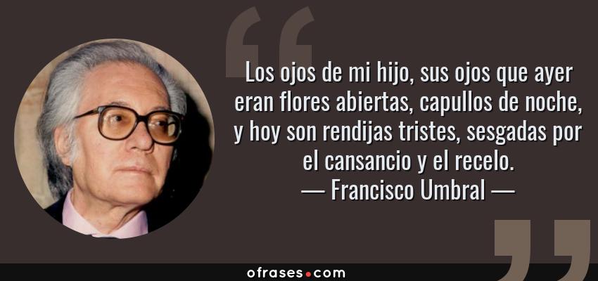 Frases de Francisco Umbral - Los ojos de mi hijo, sus ojos que ayer eran flores abiertas, capullos de noche, y hoy son rendijas tristes, sesgadas por el cansancio y el recelo.