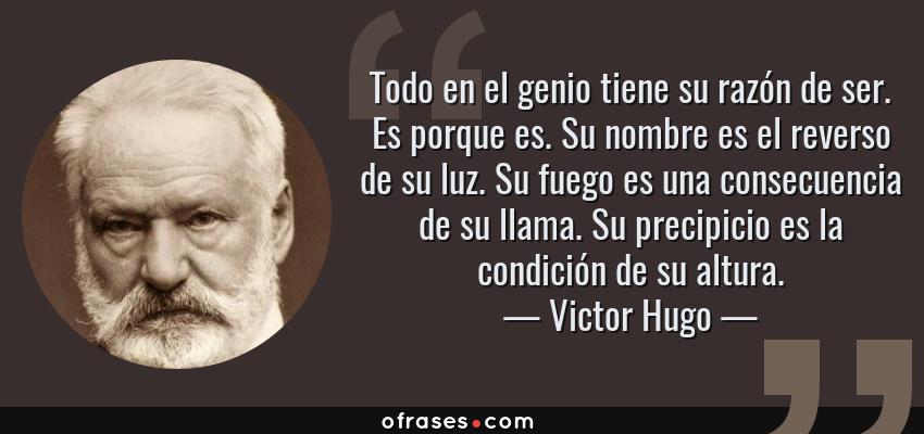 Frases de Victor Hugo - Todo en el genio tiene su razón de ser. Es porque es. Su nombre es el reverso de su luz. Su fuego es una consecuencia de su llama. Su precipicio es la condición de su altura.